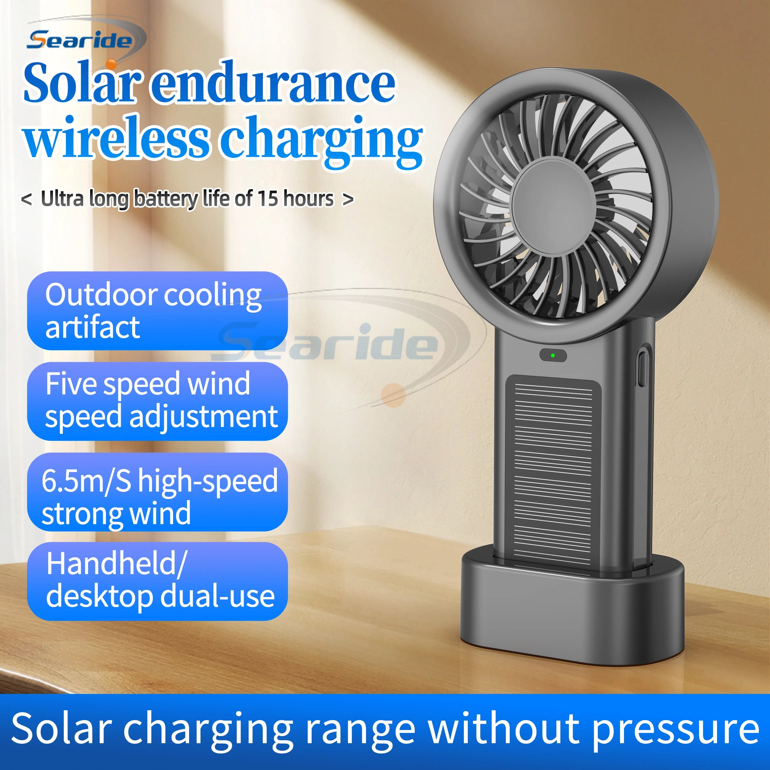 Solar Handheld Fan Small Dekstop Fan USB Light Rechargeable Portable Mini Air Cooling Hand Fan for Outdoor Camping Travel Hiking