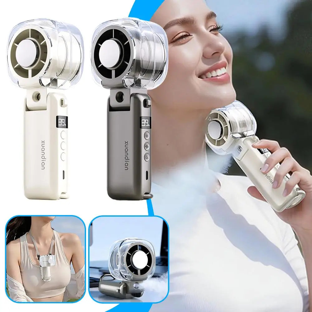 High-speed Fan High-quality Desktop Folding Digital Display Neck-hanging Ice Spray Humidifying Mini Handheld Small Fan Summer