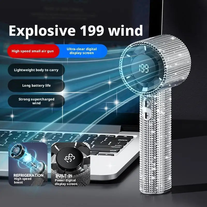 Portable Handheld Fan Digital Display Cooling Gadget 199 Speeds Neck Hangable Rhinestone Hand Fan with Digital Display for Beach
