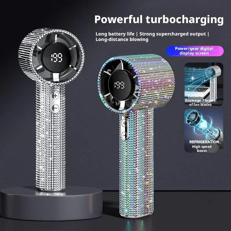 Portable Handheld Fan Digital Display Cooling Gadget 199 Speeds Neck Hangable Rhinestone Hand Fan with Digital Display for Beach