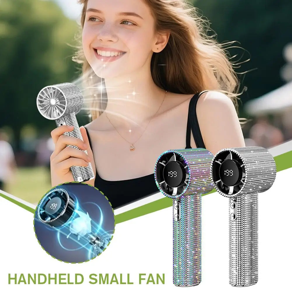 Portable Handheld Fan Digital Display Cooling Gadget 199 Speeds Neck Hangable Rhinestone Hand Fan with Digital Display for Beach